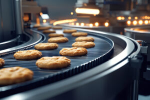 A high-tech food industry conveyor belt with freshly baked Cookie (Biscuits UK), surrounded by modern stainless steel machinery, soft warm lighting accentuating textures, clean and professional bakery factory background, crisp details, realistic and inviting, dynamic and appetizing appearance --ar 16:9 --style raw --v 6.1 Job ID: c29d018e-a9ae-4c06-bd4c-f29620a8426e