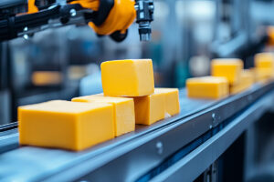 A conveyor belt in a modern food production factory transporting blocks of cheddar cheese, with robotic arms carefully stacking the cheese for packaging, sleek high-tech environment --ar 16:9 --style raw --v 6.1 Job ID: 8959ce39-22a2-4e1d-8baa-f6683d161910