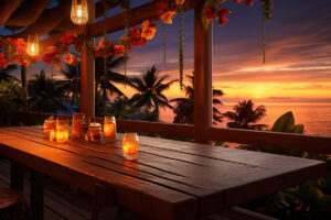 Generative AI, Tropical summer sunset beach bar background. Outdoor restaurant, Led light candles and wooden tables, chairs under beautiful sunset sky, sea view.