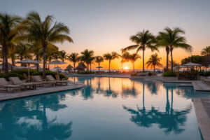Resort pool sunset with palm trees and lounge chairs for vacation backdrop