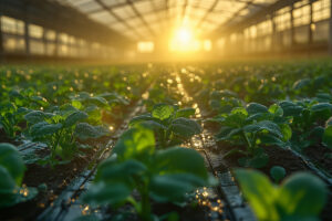 a smart irrigation system watering crops in a high tech outdoor farm
