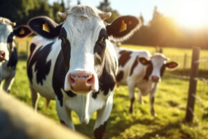 Cow on Green Field Sunny Light Background, Cows Farm. Created Generative Ai