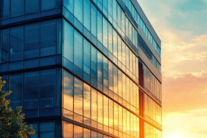 A Modern commercial building reflecting sunset with glass facade